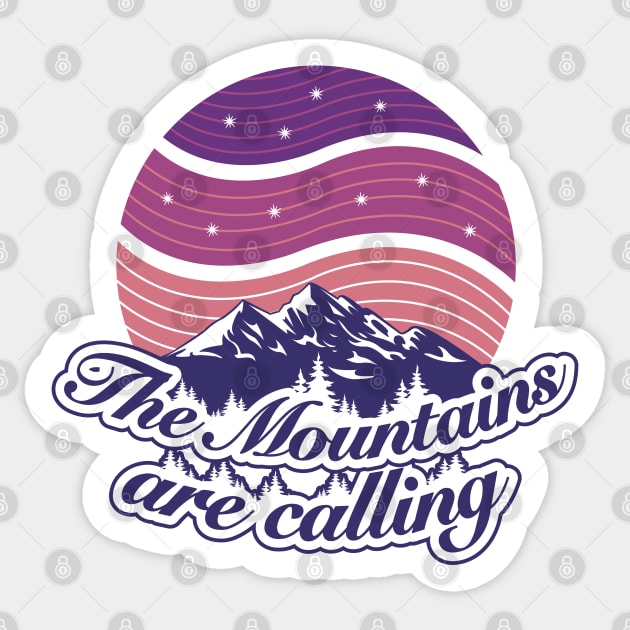 The mountains are calling vintage graphic font & purple twilight starry night sky Sticker by Settha.sk